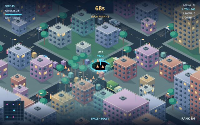 Black Hole Rush gameplay in a textured city with moving traffic