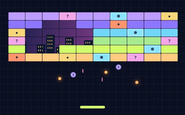 Neon Breakout gameplay with special bricks, fireballs and laser power-ups