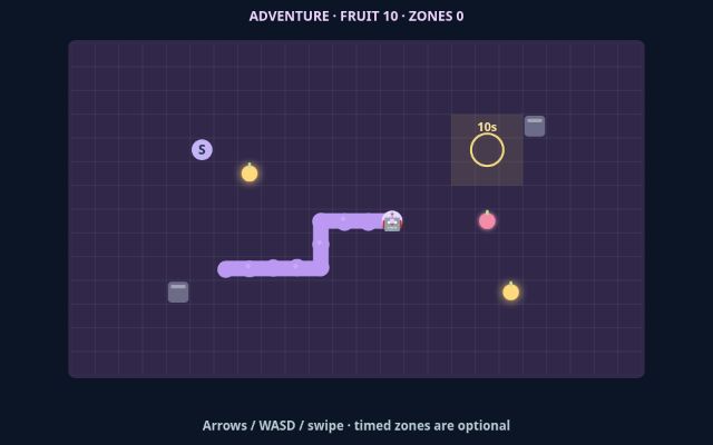 Pixel Snake gameplay with an evolving snake and a timed bonus zone