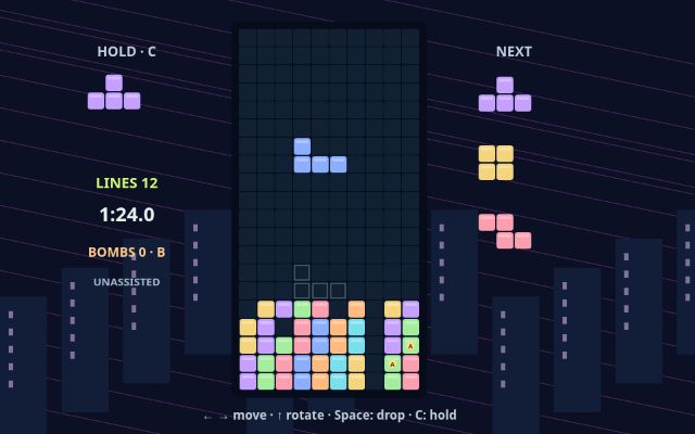Neon Blocks gameplay with colorful blocks, hold and next-piece previews